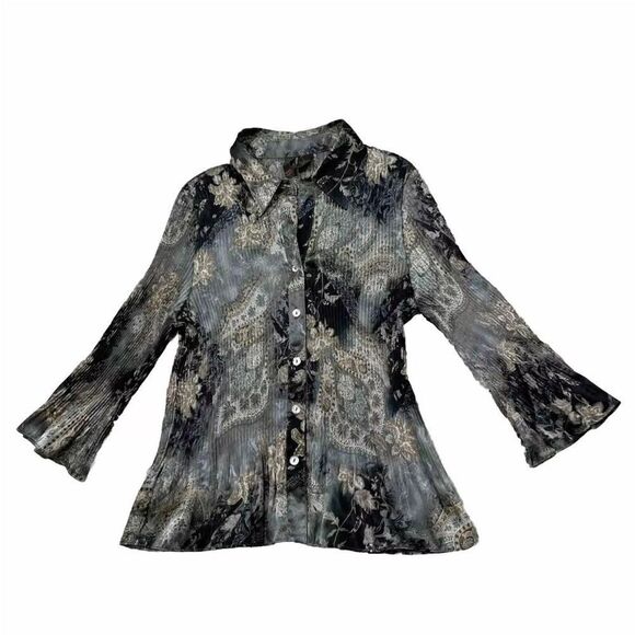 SERE NADE Paisley Button Pleated Blouse Womens PL Satin Gray Long Bell Sleeve - Picture 1 of 16